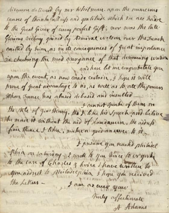 The letter below is dated November 29, 1798 from Abigail Adams to her Husband John Adams, and Thanksgiving Day. John Adams was in Philadelphia and was unable to make it to Boston with his wife.