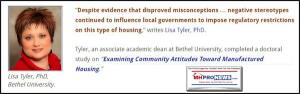 Pull quote from Lisa Tyler, Ph.D., about research evidence disproving common misconceptions about modern manufactured homes.