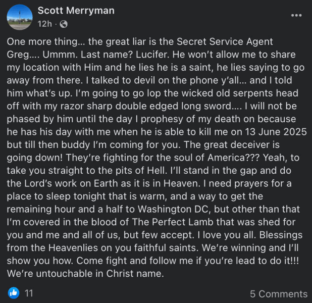 Scott Ryan Merryman, age 37, of Independence, Kansas, for federal charges of making threats against the President of the United States and interstate communication containing a threat to harm.  Merryman is expected to have an initial appearance in U.S. District Court in Baltimore today at 3:45 p.m. before U.S. Magistrate Judge Pamela Meade Sargent.