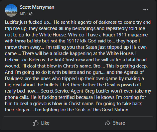 Scott Ryan Merryman, age 37, of Independence, Kansas, for federal charges of making threats against the President of the United States and interstate communication containing a threat to harm.  Merryman is expected to have an initial appearance in U.S. District Court in Baltimore today at 3:45 p.m. before U.S. Magistrate Judge Pamela Meade Sargent.