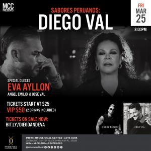 THE MIRAMAR CULTURAL CENTER PRESENTS PERUVIAN FLAVORS-  “SABORES PERUANOS” WITH DIEGO VAL AND SPECIAL GUEST EVA AYLLÓN