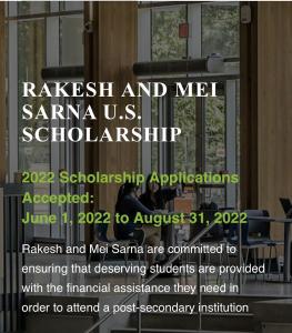 Rakesh and Mei Sarna Scholarship Program Now Accepting Applications for 2022