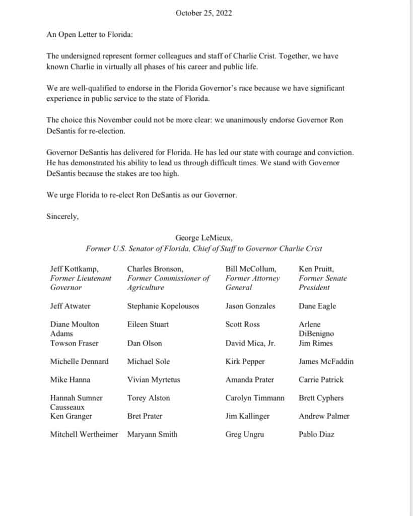 On Tuesday, 37 former colleagues and staffers of Charlie Crist, including George LeMieux, Crist’s former chief of staff who he appointed to be U.S. senator, endorsed Florida Gov. Ron DeSantis for reelection in an open letter.