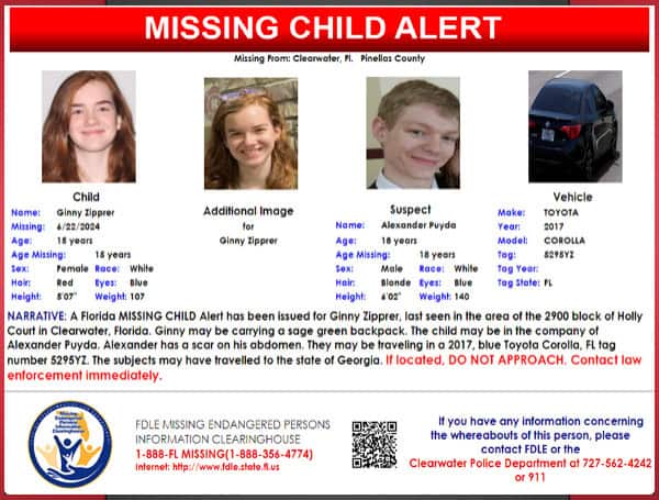 Florida Missing Child Alert Canceled For 15-Year-Old Ginny Zipprer, Child Is Safe