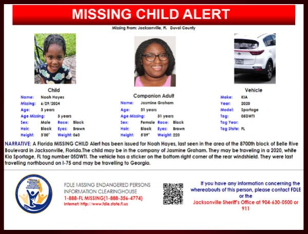 Florida Missing Child Alert Canceled For 3-Year-Old Noah Hayes, Child Located Safe