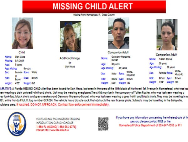 Florida Missing Child Alert Canceled For 8-Year-Old Liah Meza, Found Safe