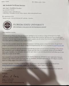 Matthew Loscialo accepted into Florida State University Graduate Certificate Program for Entrepreneurship