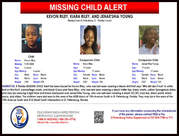 Florida Missing Child Alert Canceled For 3 St. Petersburg Children, Located Safe