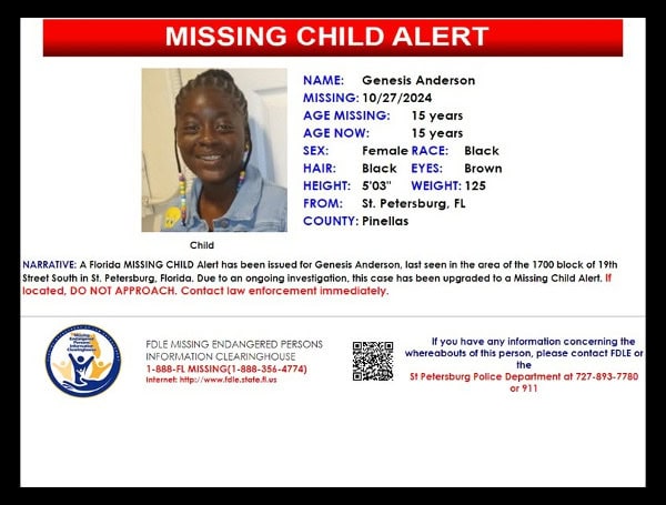 Florida Missing Child Alert Canceled For Genesis Anderson In St. Petersburg, Located Safe